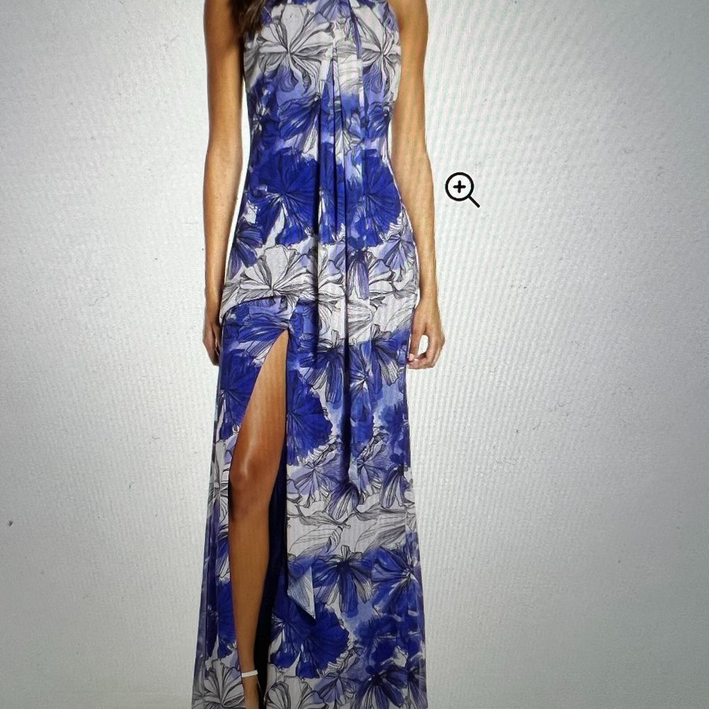 Badgley Mischka by Mark And James Floral Print Drape Front Maxi Dress SZ 16 Blue